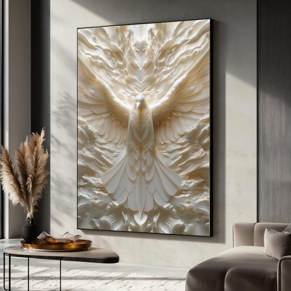 White Dove Canvas Painting, Elegant Bird Wall Art with Light and Shadow Details, Peaceful Angelic Decor for Living Room, Unique Gift