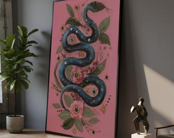 Serpiente azul, arte mural floral rosa, ilustración mística de reptil, decoración botánica, serpiente espiritual, regalo único.