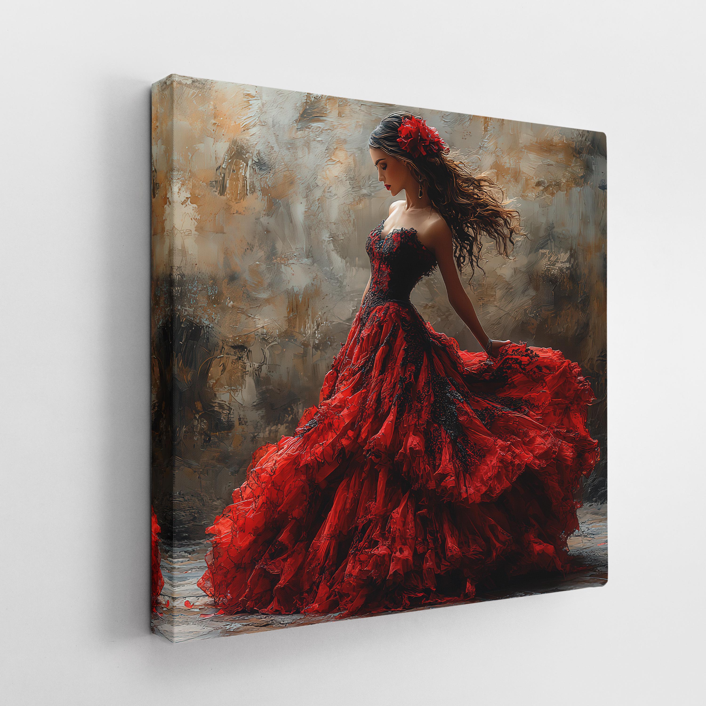 Elegant Woman in Red Dress Canvas Painting, Romantic Lady Floral Wall ...