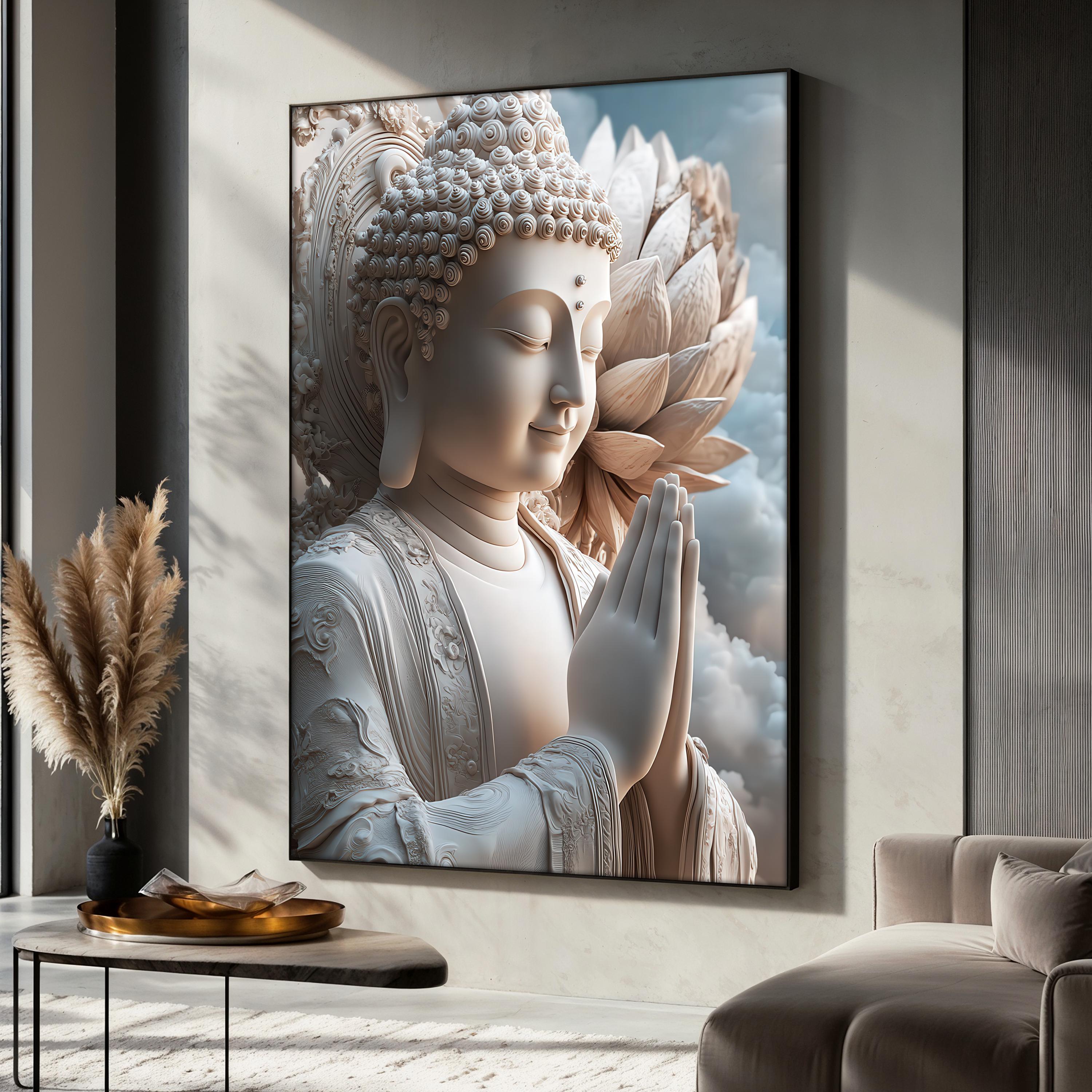 Lotus Buddha Canvas Painting, White Buddha Wall Art, Zen Home Gift ...
