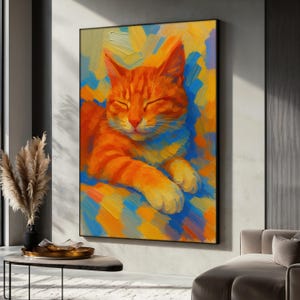 Orange Cat Canvas Painting, Colorful Pet Portrait Print, Modern Office Decor, Vibrant Cat Wall Art For Living Room, Cute Animal Art Gift