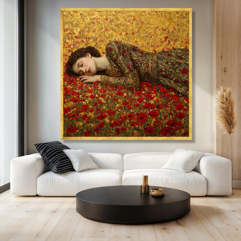 Gustav Klimt Sleeping Woman Canvas Wall Art, Floral Landscape Painting ...