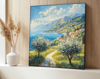 Mediterranean Landscape Canvas Painting, Coastal Nature Wall Art, Scenic Village Pathway Decor, Home Decor, Olive Tree Artwork, Unique Gift
