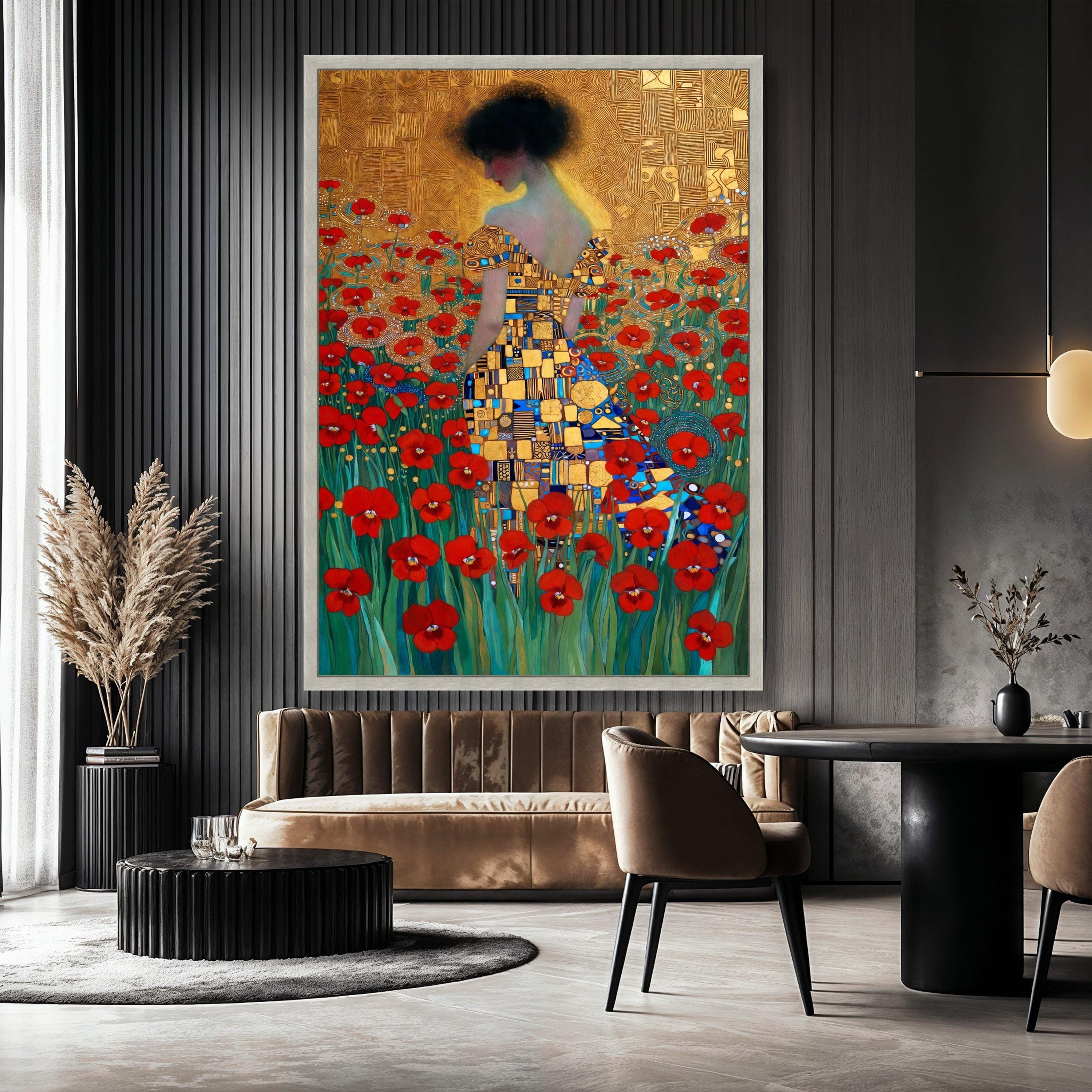 Gustav Klimt Woman in Red Poppy Field, Floral Canvas Wall Art, Artistic ...