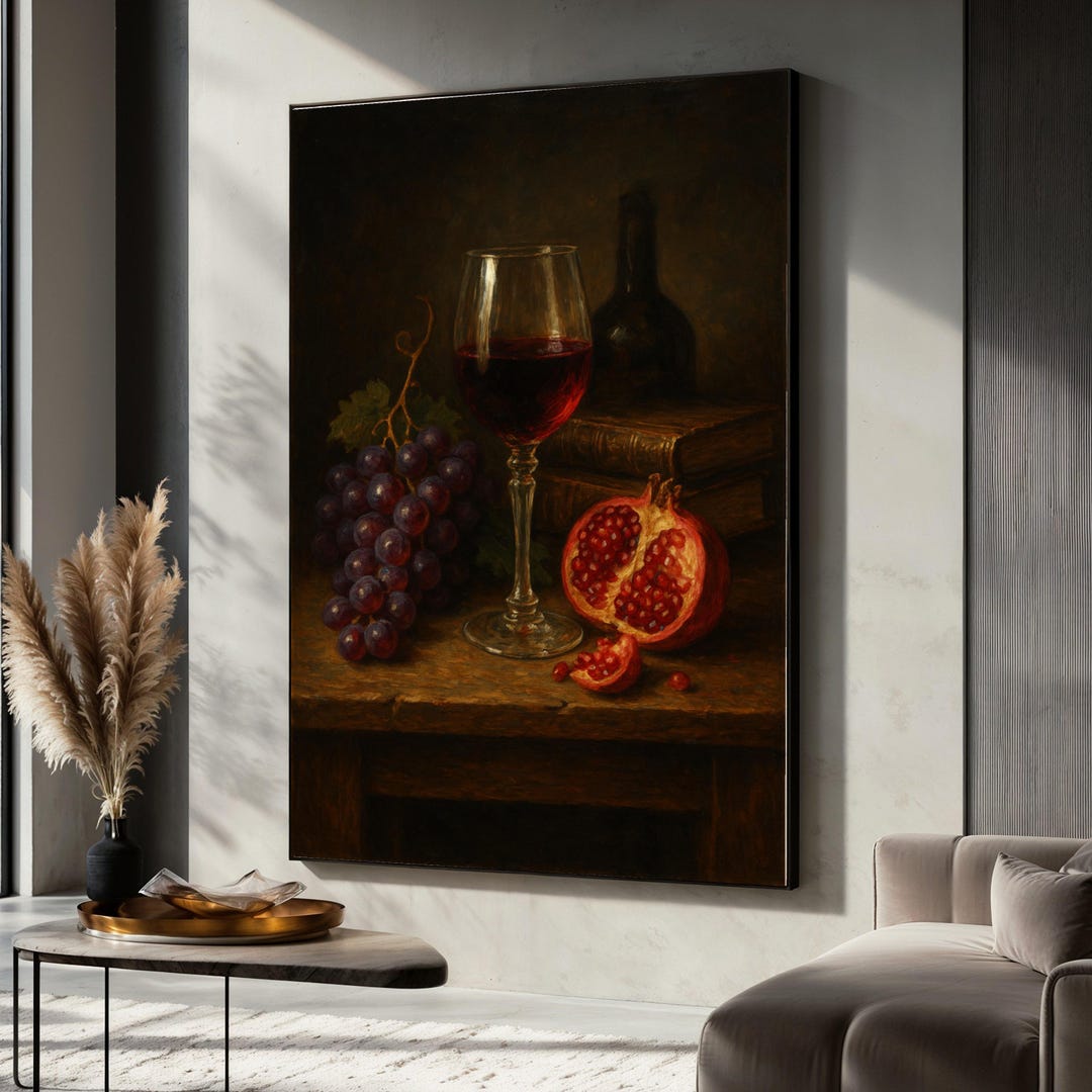 Still Life Canvas Painting With Wine Glass, Grapes and Pomegranate ...
