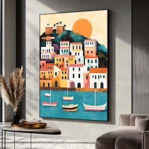 Mediterranean Coastal Town Canvas Print, Colorful Houses Wall Art, Seaside Landscape Canvas, Modern Home Decor, Unique Art Gift