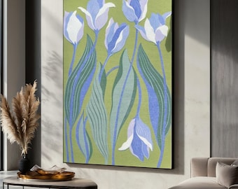 Elegante blauwe tulpen canvas muurkunst, botanisch bloemdessin, modern natuurcanvas, groene achtergrondkunstwerk, chique huisdecor, perfect cadeau