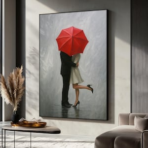 ロマンチックな傘のキスのキャンバス絵画、雨の中のカップルのウォールアート、赤い傘のある親密なラブシーン、ミニマリストスタイルの装飾、完璧なギフト