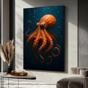 Realistic Octopus Canvas Painting, Underwater Sea Animal Wall Art in Deep Blue, Bold Marine Life Decor for Ocean Lovers, Perfect Gift