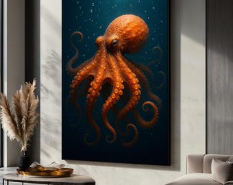 Realistic Octopus Canvas Painting, Underwater Sea Animal Wall Art in Deep Blue, Bold Marine Life Decor for Ocean Lovers, Perfect Gift