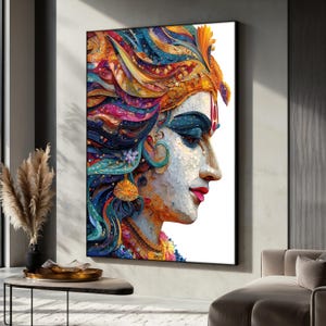 Colorful Lord Krishna Canvas Painting, Hindu Spiritual Wall Art, Indian Divine Face Artwork, Krishna Poster, Vibrant Art Gift Idea