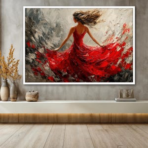 May include: A painting of a woman in a flowing red dress with her hair blowing in the wind. The background is a gray and white abstract design.