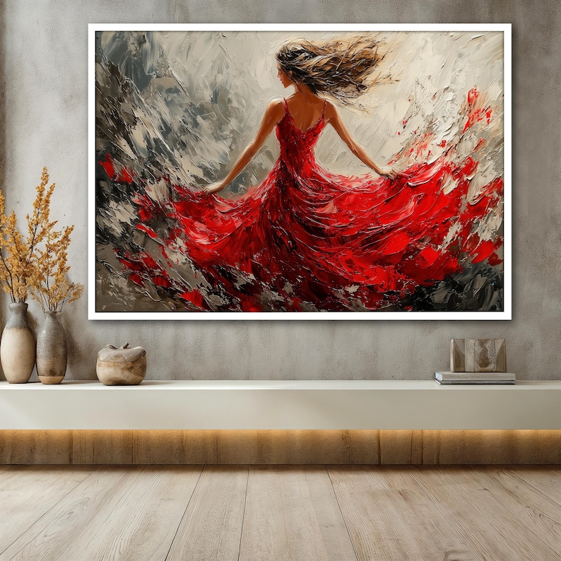 May include: A painting of a woman in a flowing red dress with her hair blowing in the wind. The background is a gray and white abstract design.