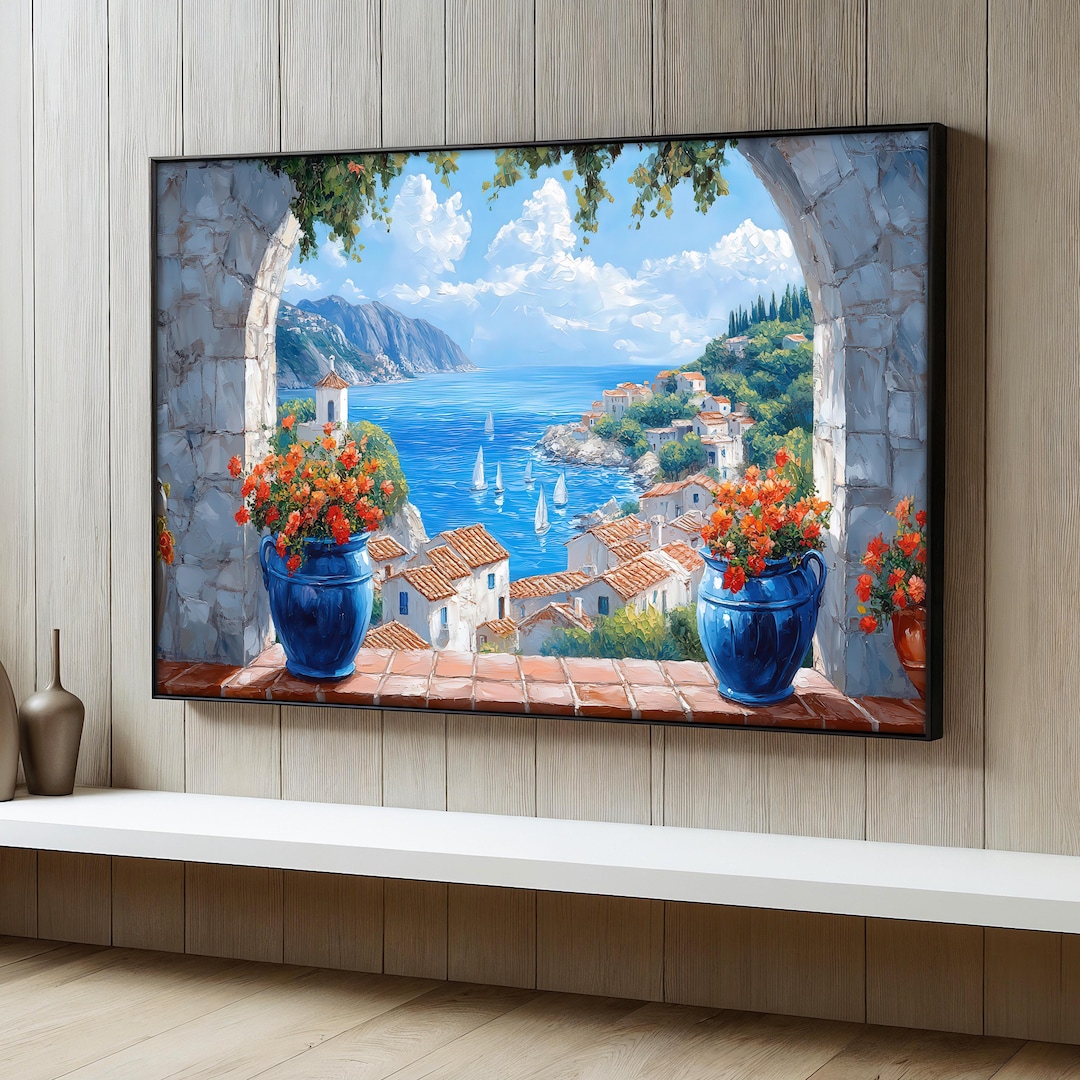 Mediterranean View Canvas Painting, Coastal Balcony Wall Art, Seaside ...