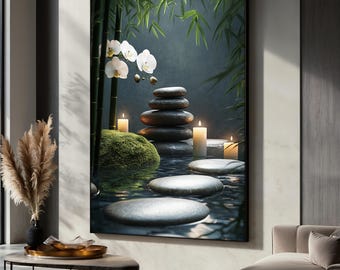 Zenvägsmålning med ljus och orkidéer, fridfull bambuspa-väggkonst, yogarumsdekor, lugnande naturdekor, perfekt present