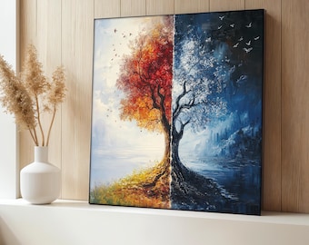 Four Seasons Tree Canvas Painting, Colorful Nature Wall Art, Modern Abstract Landscape Decor, Home Decor, Unique Gift For Nature Lovers