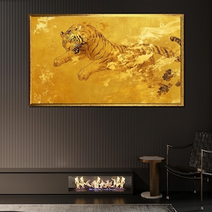 Golden Tiger Japanese Canvas Painting – Bold Leaping Tiger Wall Art in Traditional Ink Style for Striking Home Décor or Unique Gift