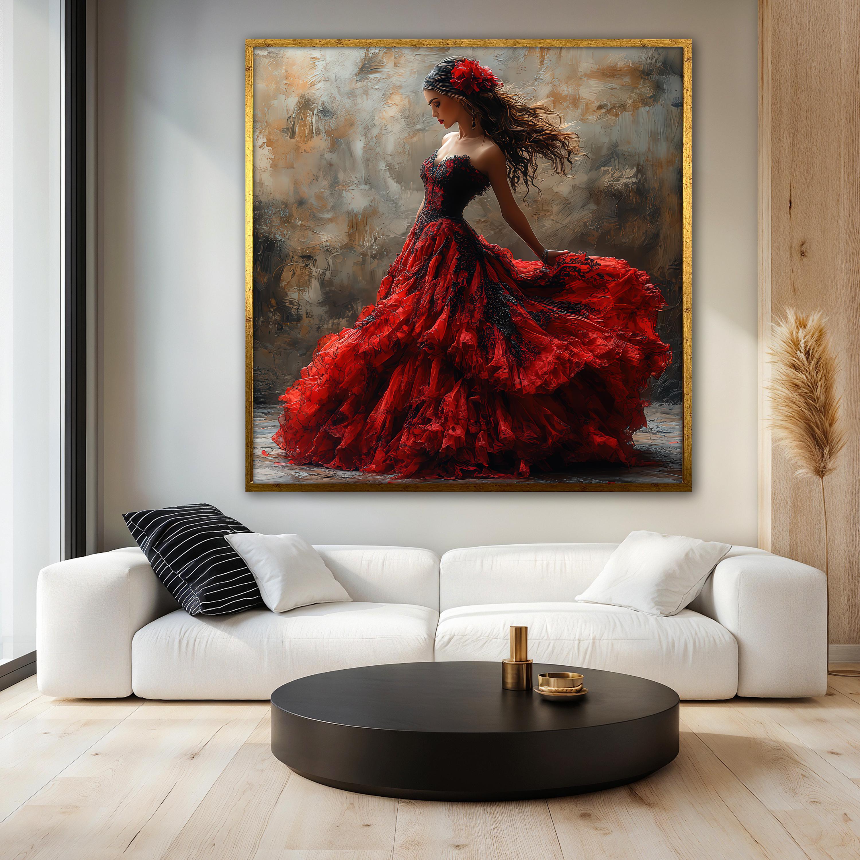 Elegant Woman in Red Dress Canvas Painting, Romantic Lady Floral Wall ...