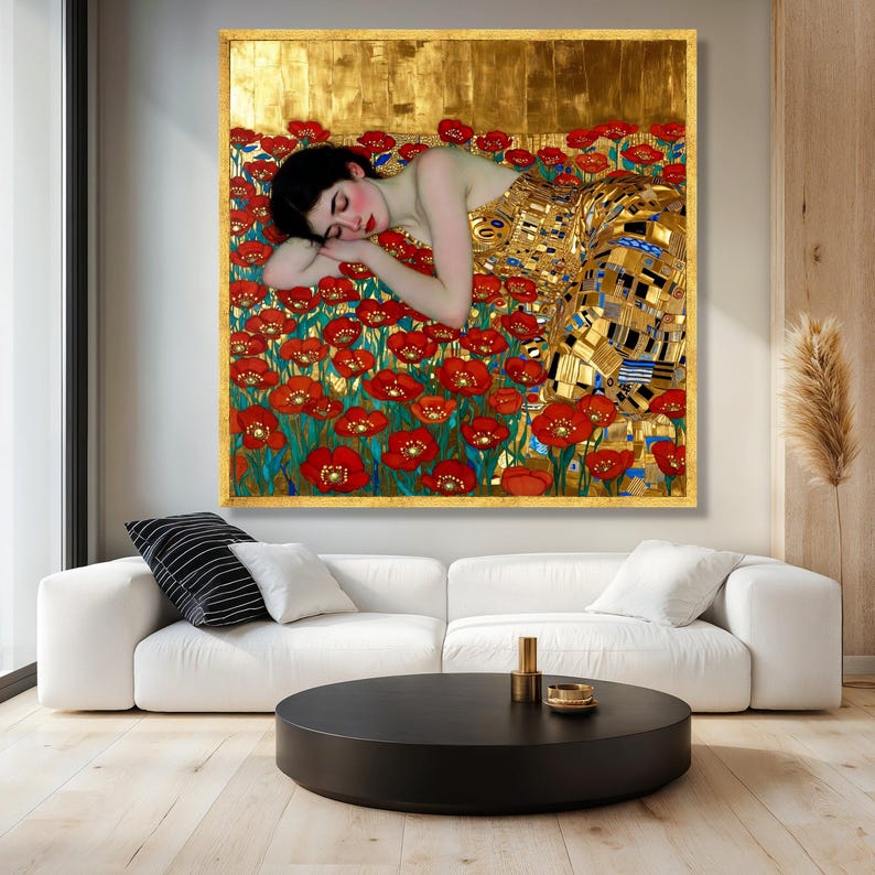 Gustav Klimt Sleeping Woman Canvas, Red Poppy Field Wall Art, Golden ...