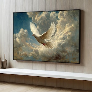 White Dove Canvas Painting, Spiritual Wall Print, Christian Home Decor, Peaceful Sky Decor, Christian Spiritual Artwork, Christian Gift