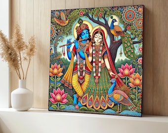 Radha Krishna Divine Love Canvas, Indian Mythology Wall Art, Traditional Hindu Deities Painting, Spiritual Home Decor, Vibrant Art Gift