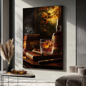 Whiskey and Cigar Canvas Painting, Vintage Bar Wall Art for Men, Rustic Alcohol Decor, Luxury Gift for Him, Masculine Artwork, Bar Decor