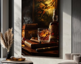 Whiskey and Cigar Canvas Painting, Vintage Bar Wall Art for Men, Rustic Alcohol Decor, Luxury Gift for Him, Masculine Artwork, Bar Decor