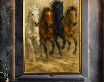 Laufende Pferde Leinwand Gemälde mit vier galoppierenden Hengsten, rustikale Tier Wandkunst, kraftvolles Western Geschenk für Pferdeliebhaber