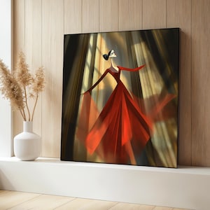 Elegant Woman in Red Dress Canvas Painting, Abstract Fashion Wall Art for Bedroom or Living Room, Dancer Poster, Stylish Gift for Art Lovers