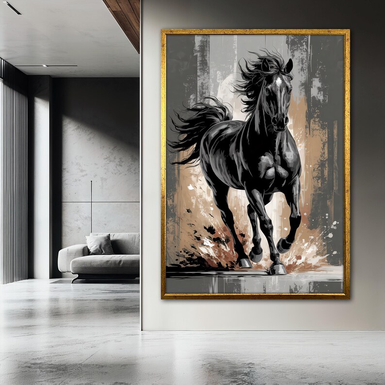 May include: A black horse runs through a field of brown and gray brushstrokes. The horse is in mid-stride, with its head held high and its mane flowing in the wind. The background is a blur of color, suggesting movement and speed.