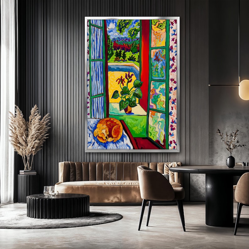 May include: A painting depicting a dog sleeping in a room with an open window. The window overlooks a garden with a swimming pool and a green lawn. The painting is executed in a colourful, abstract style.