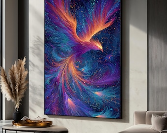 Phoenix Canvas Painting, Vibrant Fire Bird Wall Art, Cosmic Fantasy Bird Decor, Phoenix Poster, Mystical Living Room Accent, Gift Idea