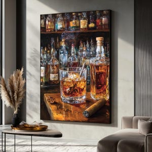 Whiskey Bar Canvas Painting, Liquor Bottle and Cigar Wall Art, Bar Decor, Elegant Alcohol Decor, Gift for Men Who Love Whiskey