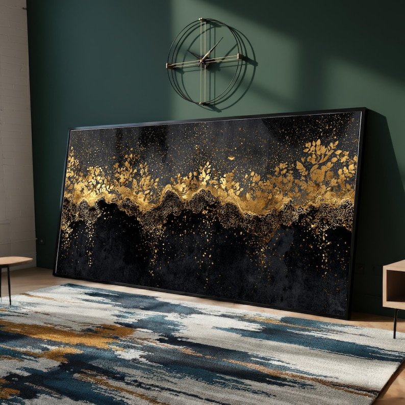 Elegant Gold Floral Abstract Canvas, Black and Gold Wall Art, Modern ...