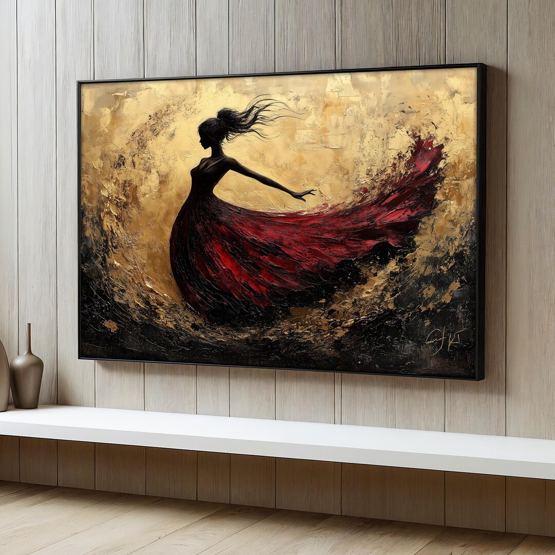 Silhouette Woman in Red Dress Canvas Painting, Elegant Modern Wall Art ...