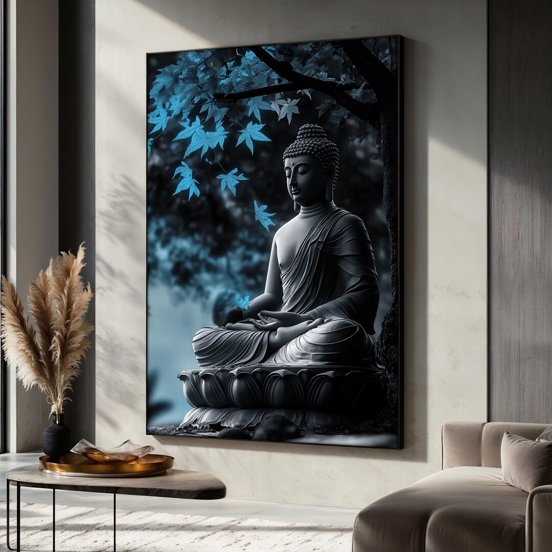 Blue Toned Buddha Canvas Painting Under Tree, Zen Meditation Wall