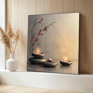 Zen Candle Canvas Painting, Spa Wall Art With Stones And Flowers, Tranquil Home Decor, Relaxing Room Artwork, Gift Idea, Calm Vibe Poster