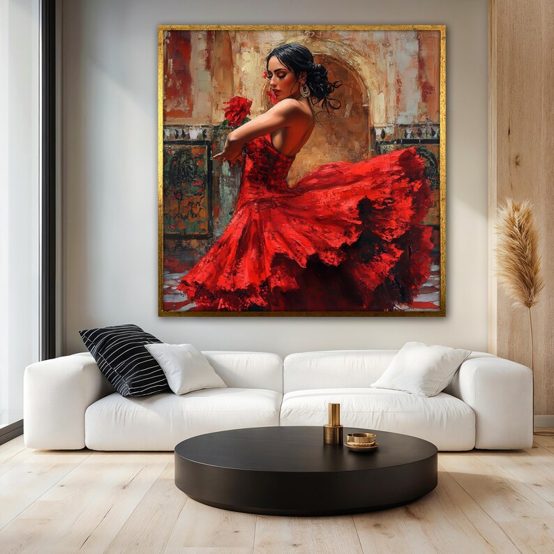 May include: A painting of a woman in a red dress with a ruffled skirt. She is holding a red flower in her hand and is looking down at it. The background is a painted scene of a building with an archway.
