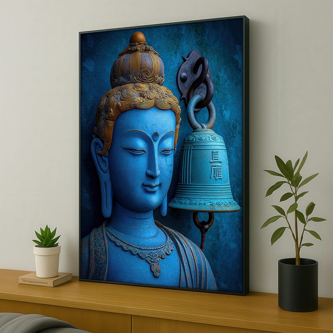 Blue Buddha With Bell Canvas Painting, Tranquil Zen Wall Art, Spiritual ...