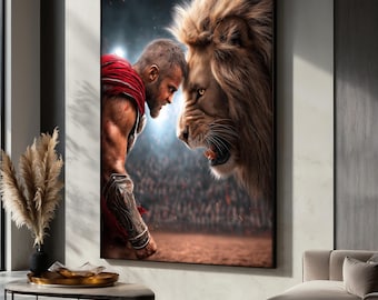 Gladiator vs Lion Leinwandgemälde, epische Arena-Schlacht Wandkunst mit intensivem Krieger und Tiergesicht, kraftvolles männliches Dekor, Geschenkidee