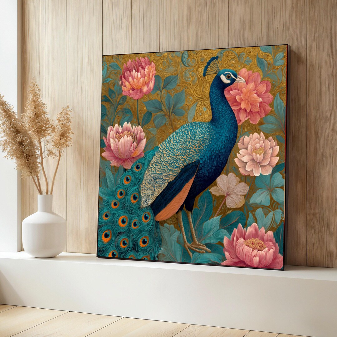 Majestic Peacock With Blooming Flowers Canvas, Ornate Floral Wall Art ...