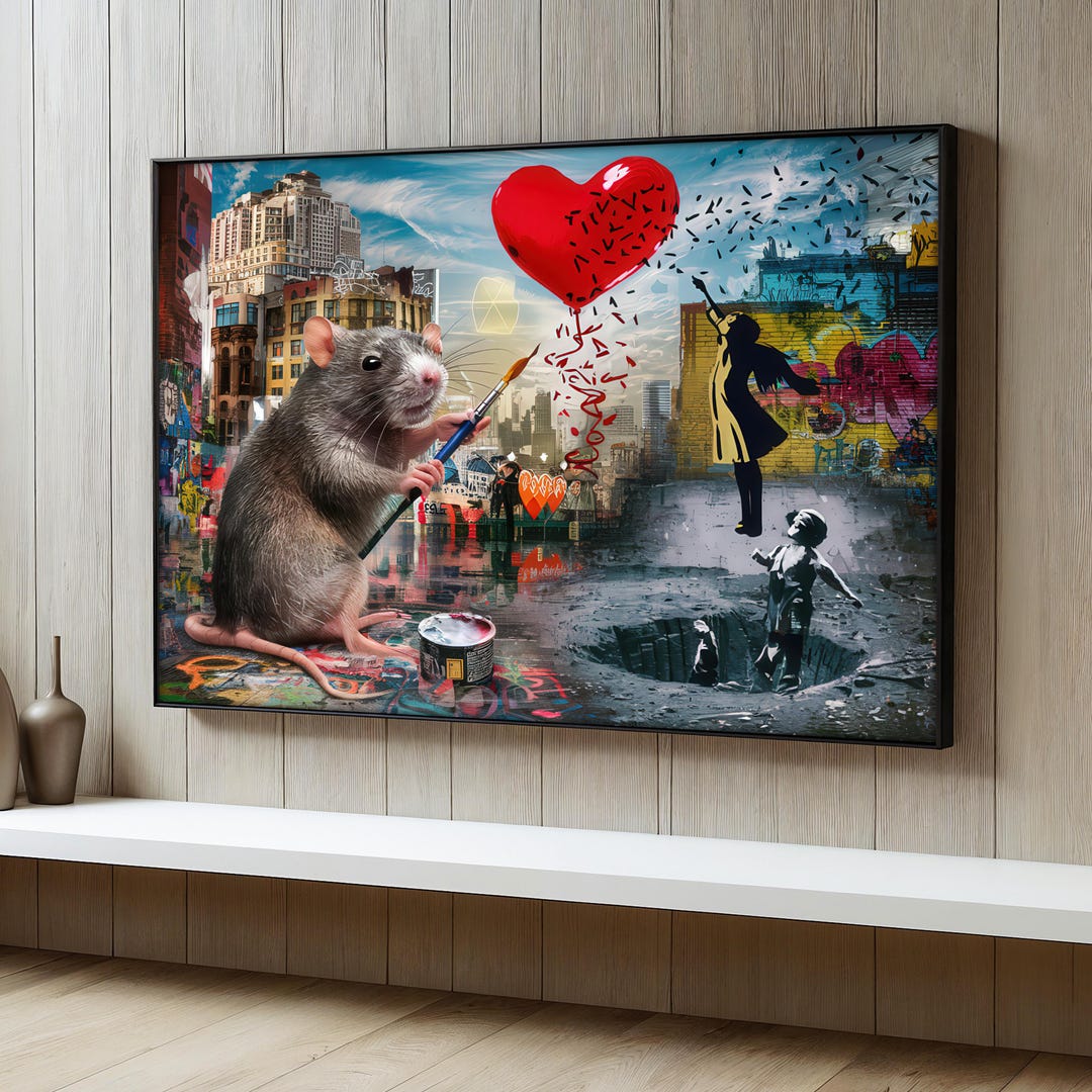 Banksy Style Canvas Painting, Street Art Wall Decor With Rat and Heart ...