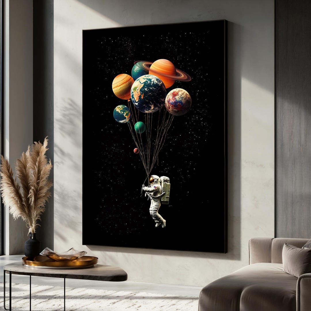 Astronaut Canvas Painting With Planets as Balloons, Space Wall Art ...