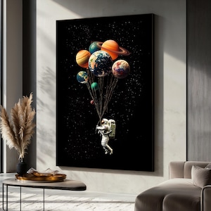 Astronaut Canvas Painting with Planets as Balloons, Space Wall Art, Modern Cosmic Art Decor, Surreal Poster, Astronaut Canvas, Art Gift