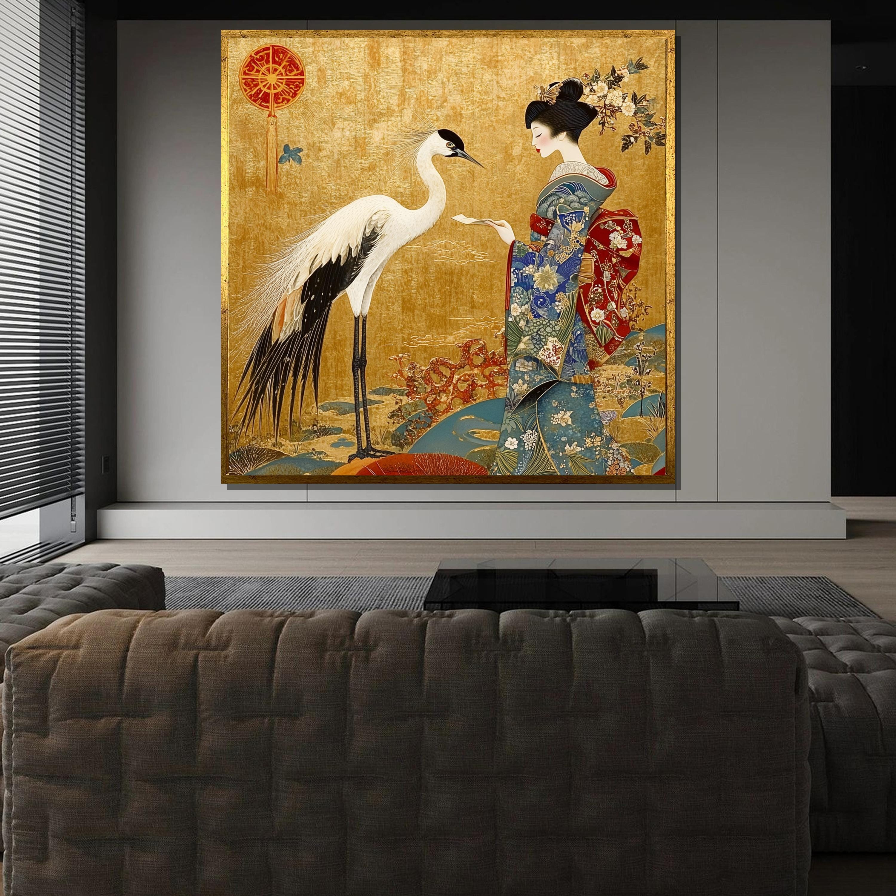 Japanese Geisha and Crane Canvas Painting, Traditional Kimono Wall Art ...