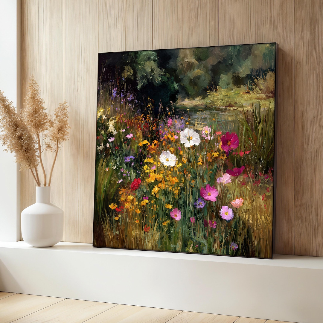 Wildflower Meadow Canvas Painting, Colorful Floral Landscape Wall Art ...