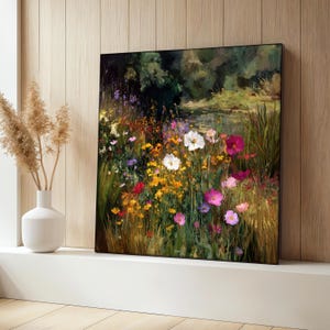 Wildflower Meadow Canvas Painting, Colorful Floral Landscape Wall Art, Nature Inspired Garden Scene, Vibrant Botanical Artwork, Unique Gift