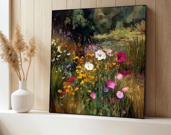 Pintura en lienzo de prado de flores silvestres, arte mural con paisaje floral colorido, escena de jardín inspirada en la naturaleza, obra de arte botánica vibrante, regalo único