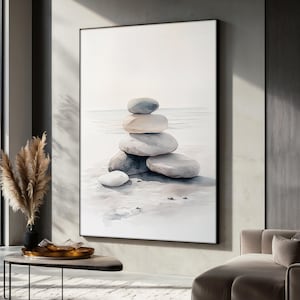 Balanced Stones Canvas Painting, Zen Wall Art, Serenity Stone Stack Artwork, Calming Beach Decor, Tranquil Gift, Relaxing Spiritual Art