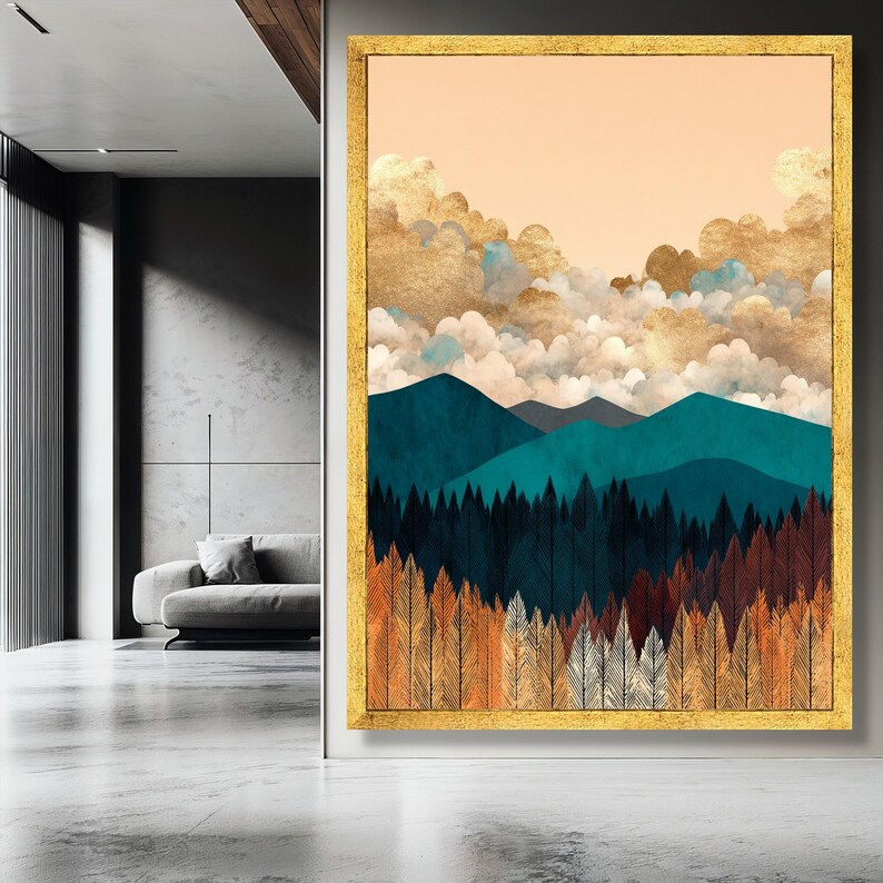 Mountain Landscape Canvas Painting, Abstract Nature Wall Art With Gold ...